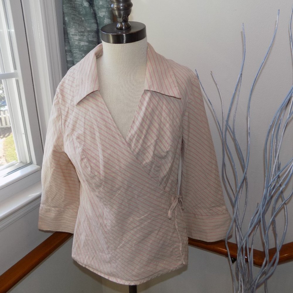 HEART & SOUL Wrap Blouse Top Size Medium Pink & Gold Sripe